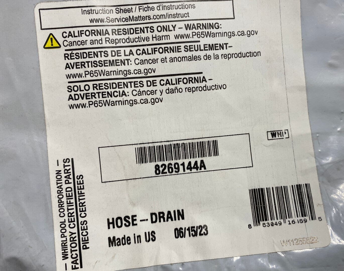 New Genuine OEM Whirlpool  Dishwasher Drain Hose 8269144A — thumbnail 2
