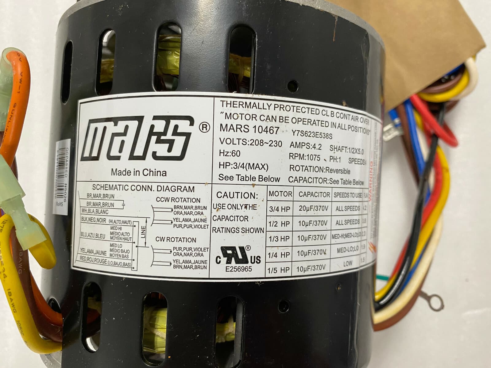 10467 OEM Mars Reversible Ball Bearing Motor 1/5 - 3/4 Multi HP 230V 1075 RPM — thumbnail 3
