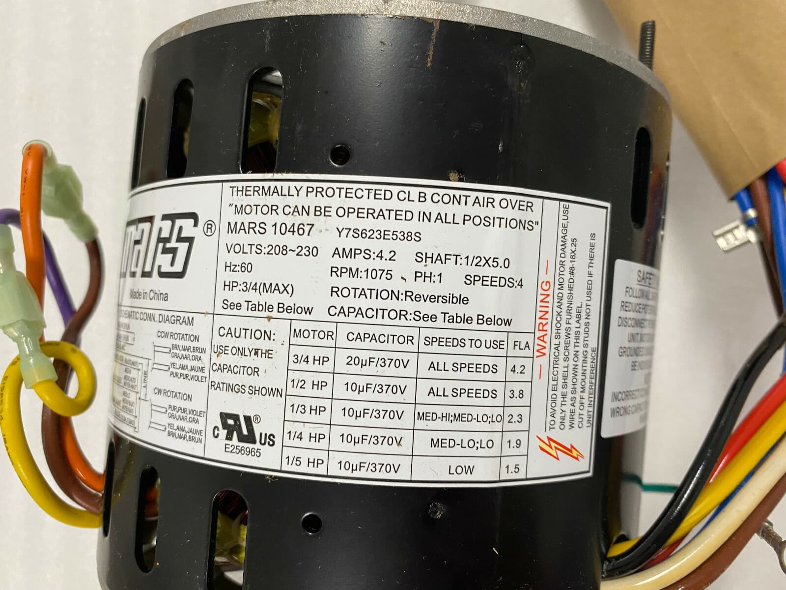 10467 OEM Mars Reversible Ball Bearing Motor 1/5 - 3/4 Multi HP 230V 1075 RPM — thumbnail 4