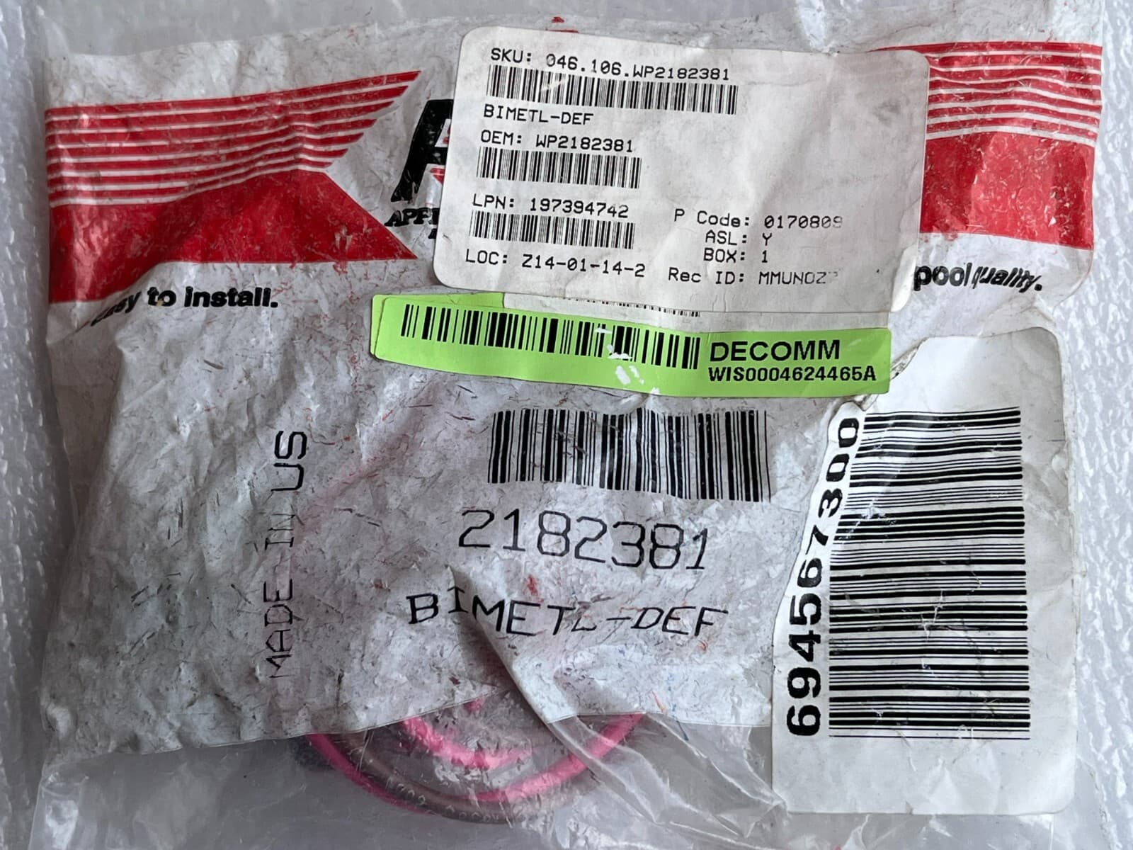 Genuine Whirlpool Defrost Thermostat  WP2182381 — thumbnail 2